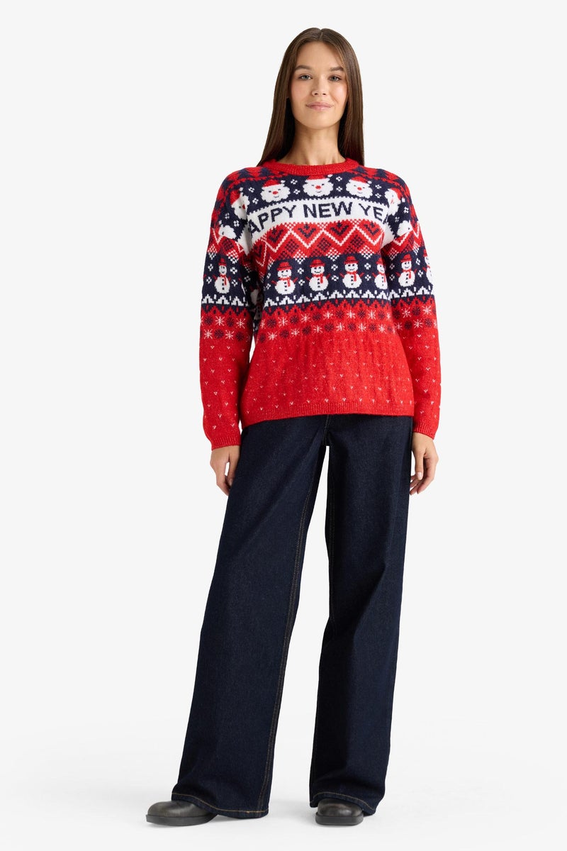 DeFacto Red Woman Christmas Themed Regular Fit Color Block Pullover Casual - Image 3